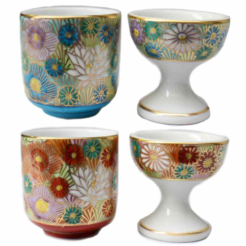 仏具セット 湯呑 仏器 2点セット 九谷焼 本金花詰・赤 本金花詰・青