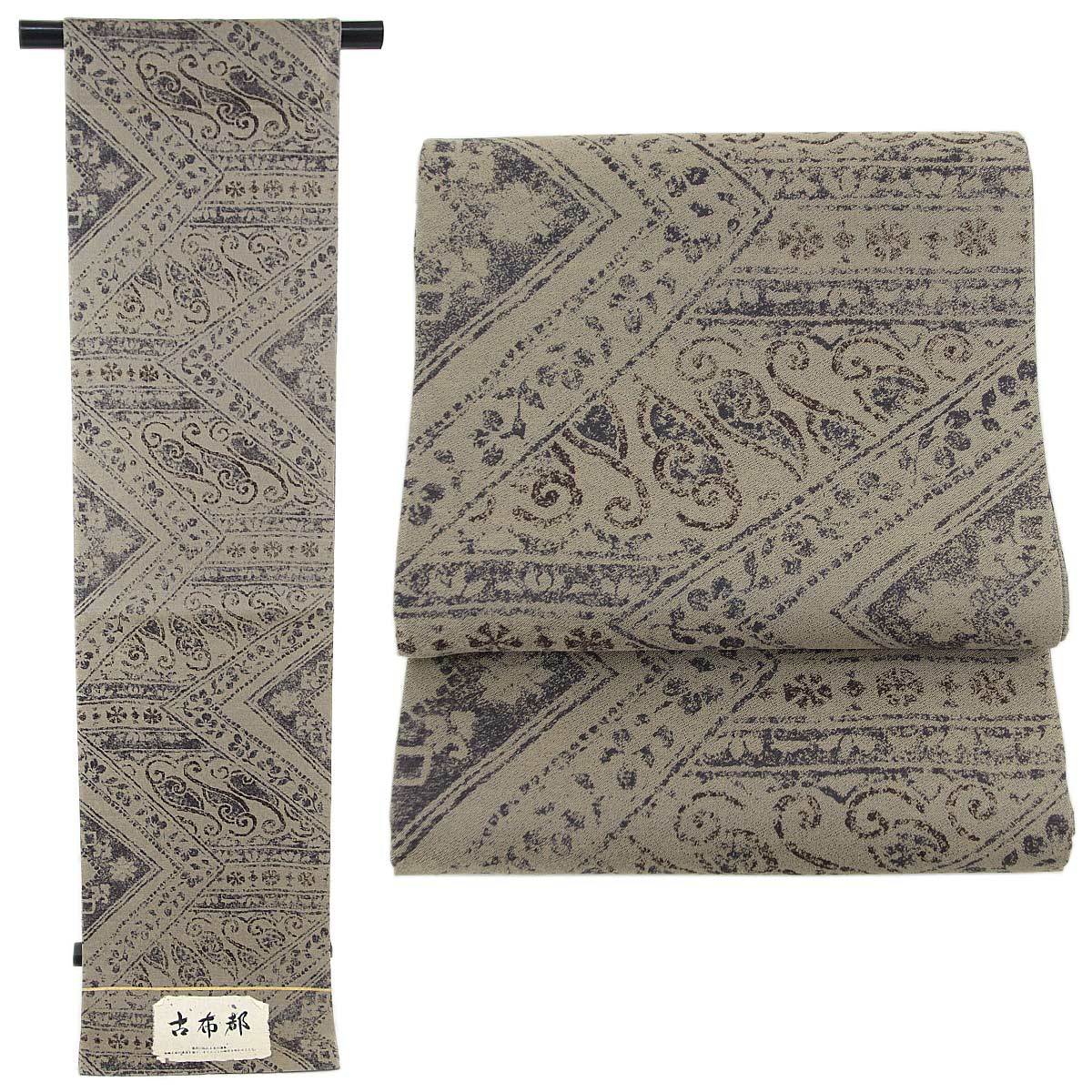 袋帯 -37- 西陣織 タケジ商事 全通柄 正絹 絹100% 茶鼠地 コプト柄