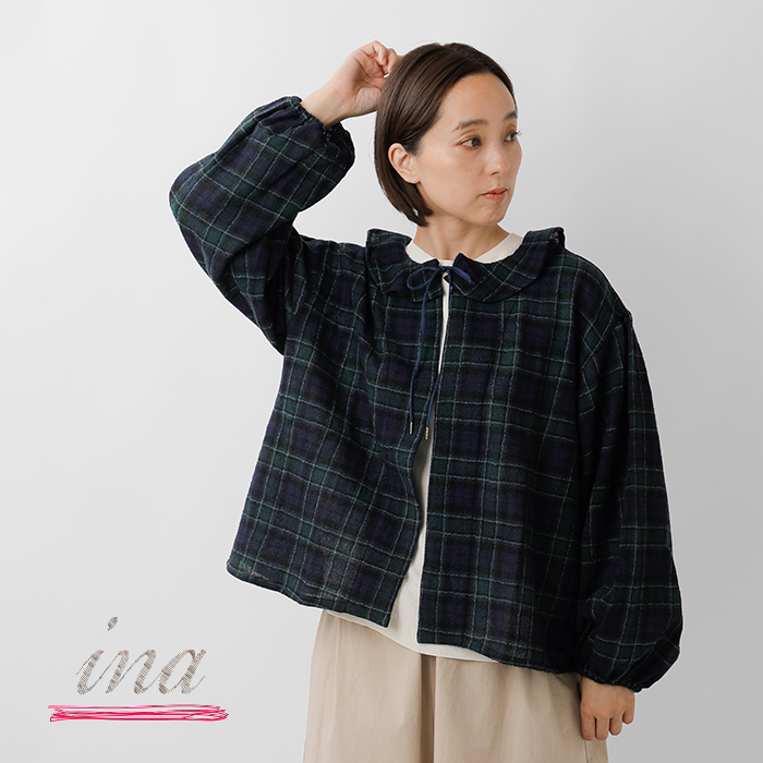 イナ セール【60%OFF】イナ ina ウール ガーゼ チェック 2way 襟