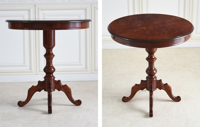 イタリア製 ルネッサンスItalia 象嵌70φ猫脚テーブル・本革ダイニング3