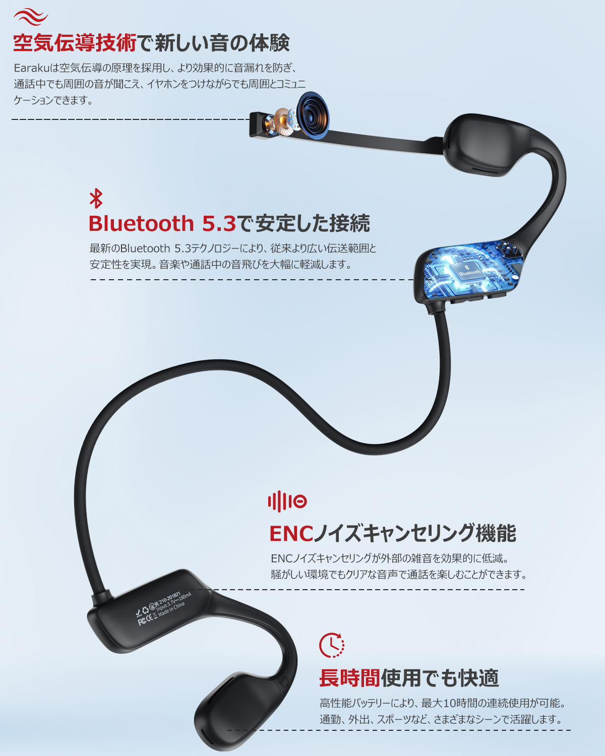 即納！Bluetooth ワイヤレス ヘッドセット マイク付き 空気伝導