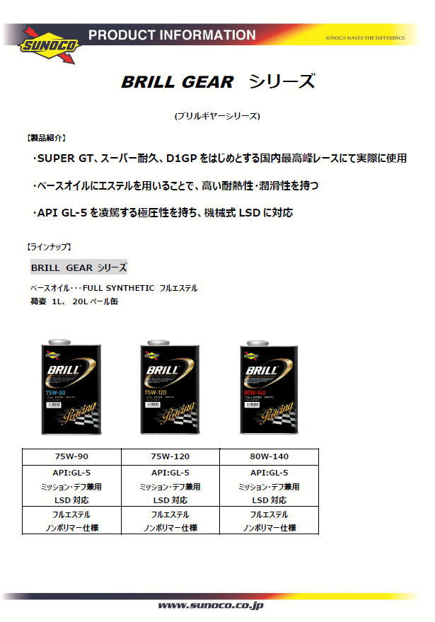 SUNOCO スノコ BRILL GEAR 75W90 20L GL-5 全合成油 ギヤオイル