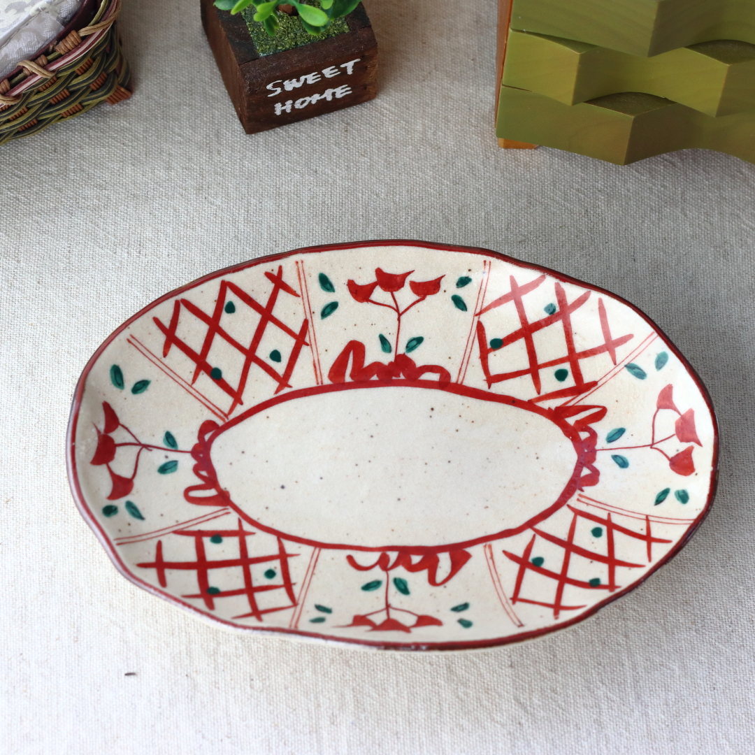 赤絵三善 煮魚が似合う手描き三ツ足楕円皿 22cm 美濃取寄 日本製 美濃