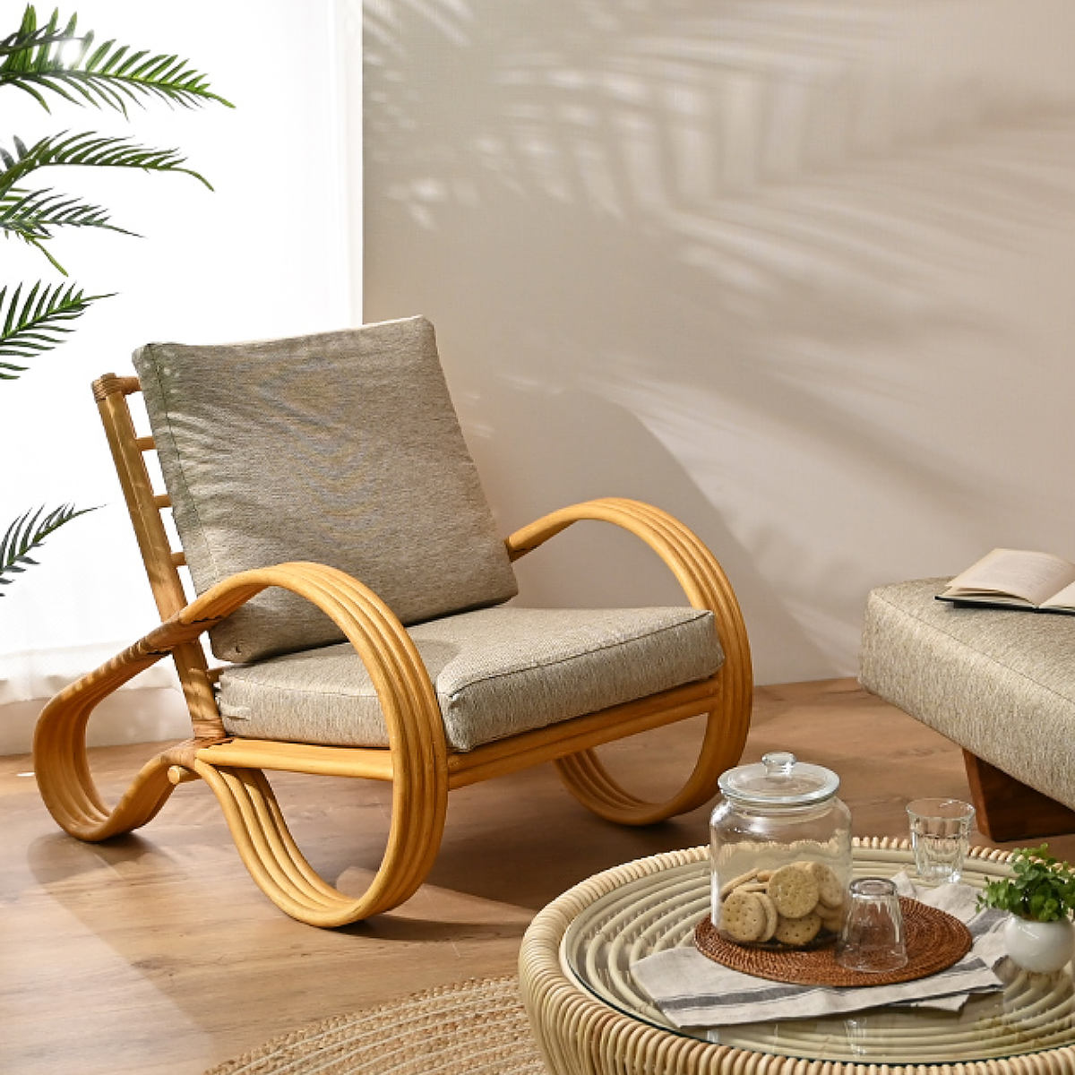 一人掛けチェア ラタン 座面高33cm クッション付 天然木 OHANA