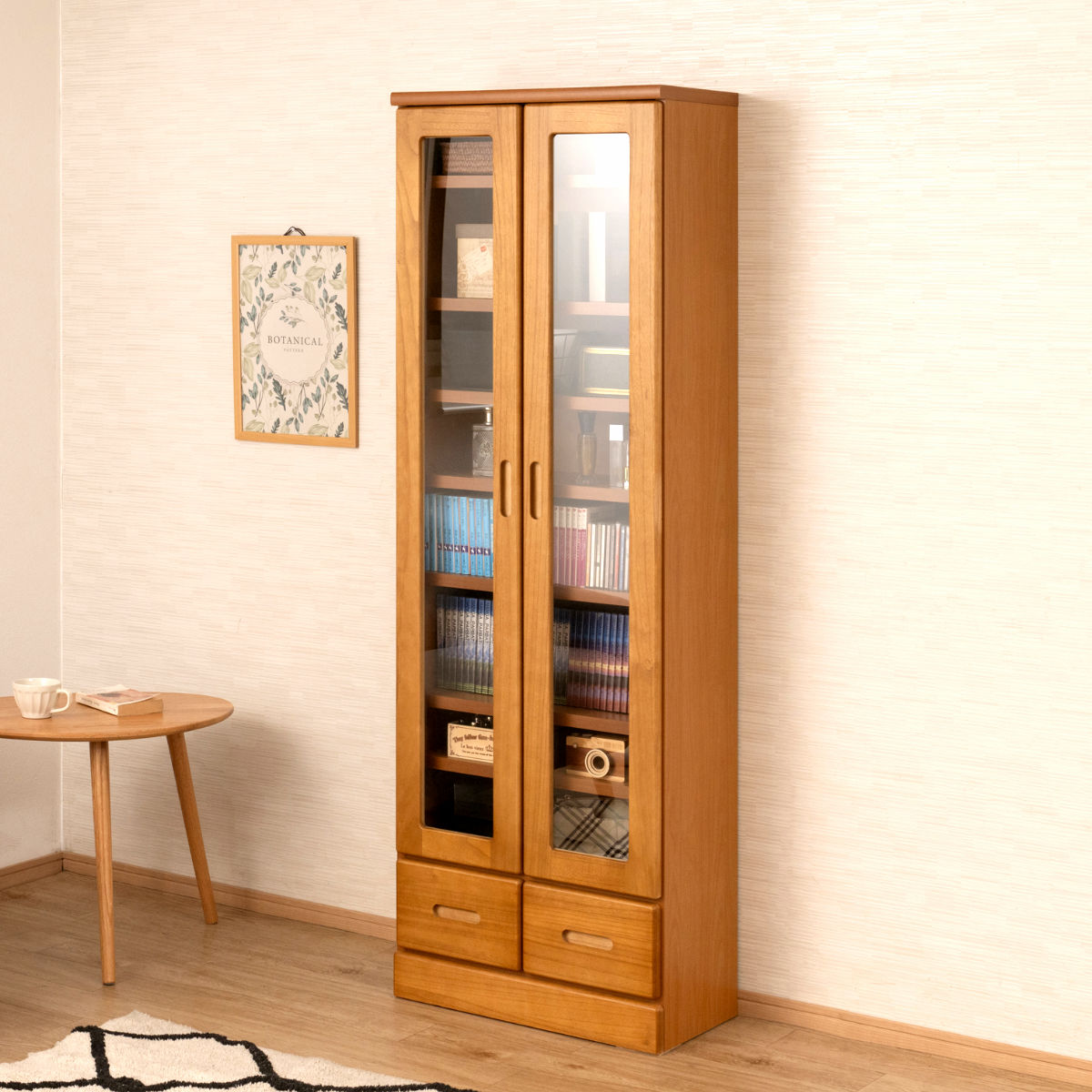 本棚 ガラス扉 幅59.5cm 桐材 完成品 日本製 （ 食器棚 棚 ラック 可動