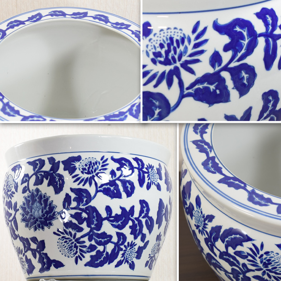 青白陶器草花小鉢 洋蓮 鉢カバー 水鉢 睡蓮鉢 金魚鉢 植木鉢 置物