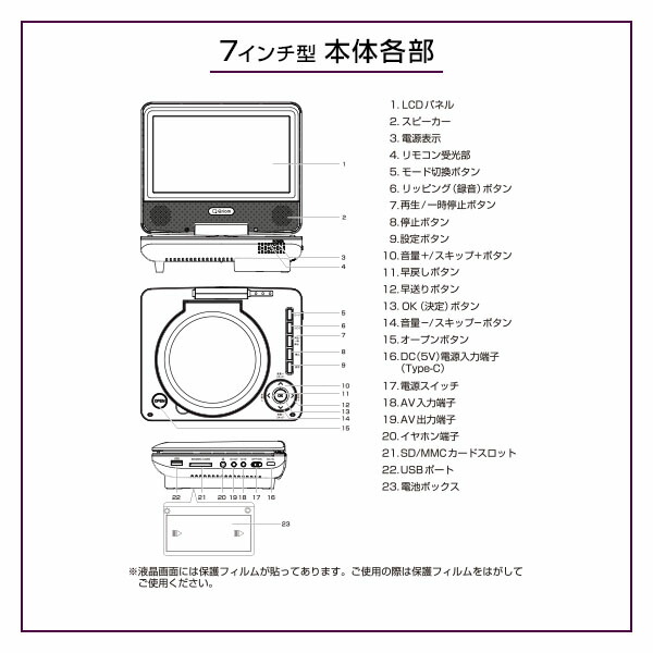 山善（YAMAZEN） ポータブルDVDプレーヤー 7型 7インチ 乾電池 AC DC
