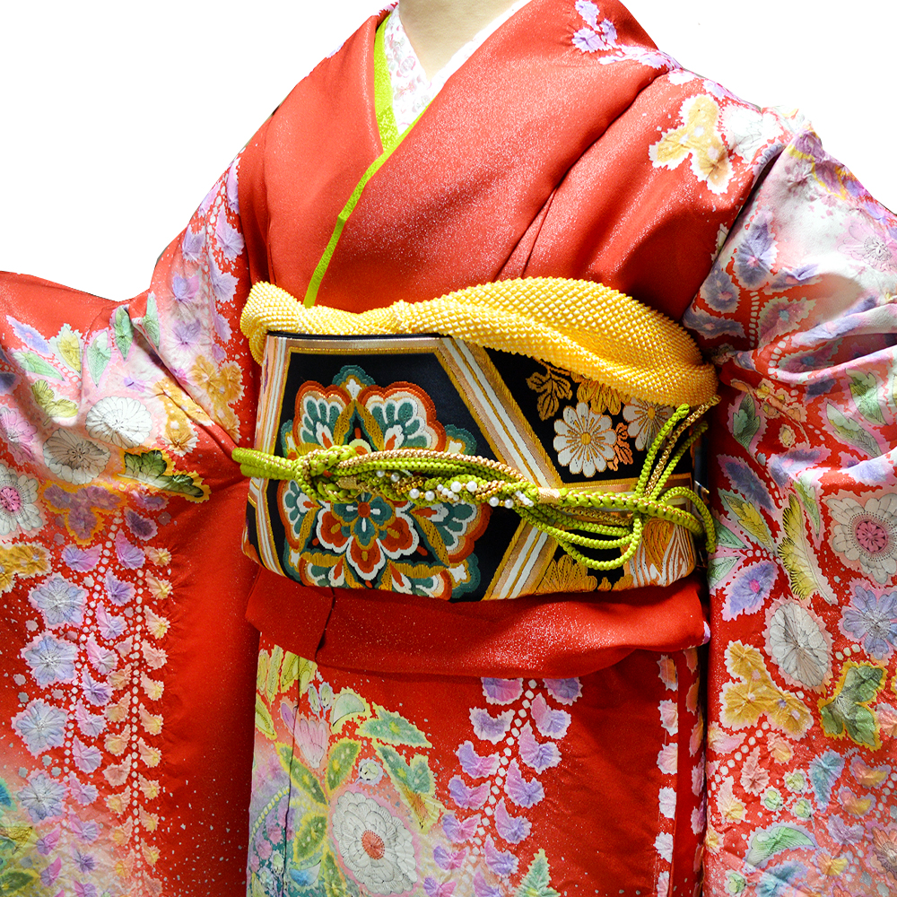 手描き 辻が花 京友禅 正絹 振袖 30点 セット 赤 成人式 ふりそで 袋帯