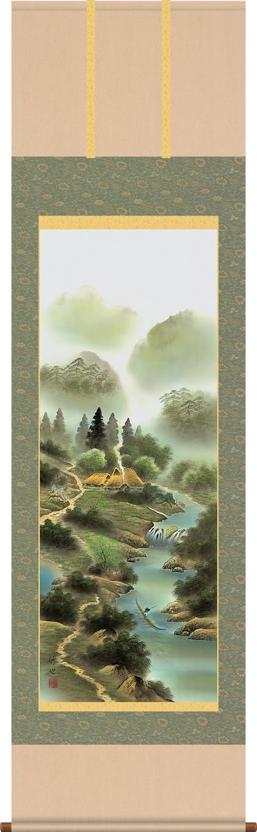 掛け軸-風水四神相応図／田村竹世（尺五・桐箱・風鎮付き）山水画掛軸