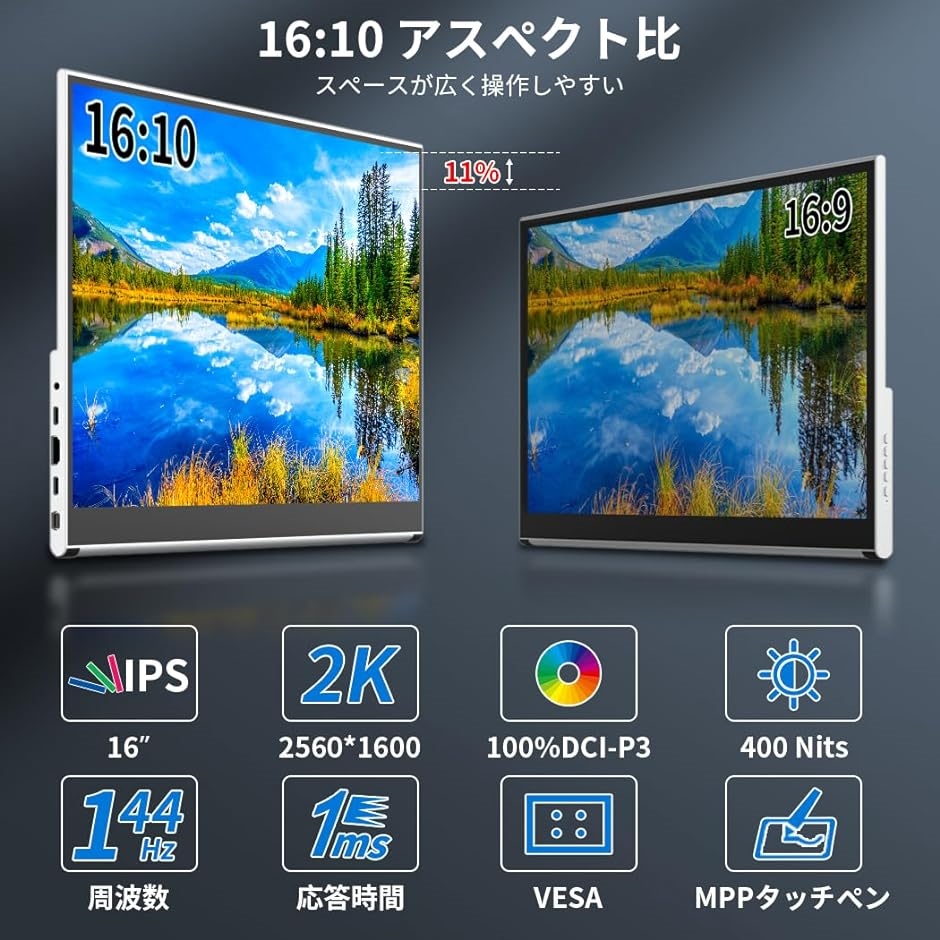 モバイルモニター 16 インチタッチ2K 144hz ゲーミング用 ポータブル