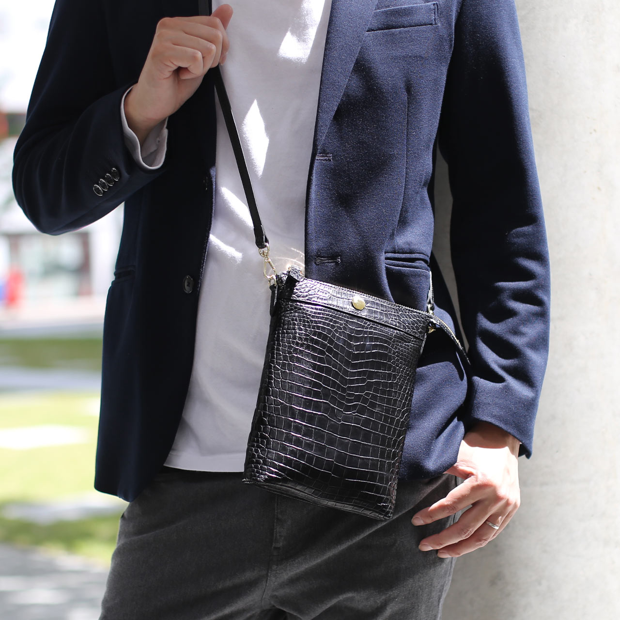 クロコダイル サコッシュ メンズ レザー ミニ ショルダーバッグ