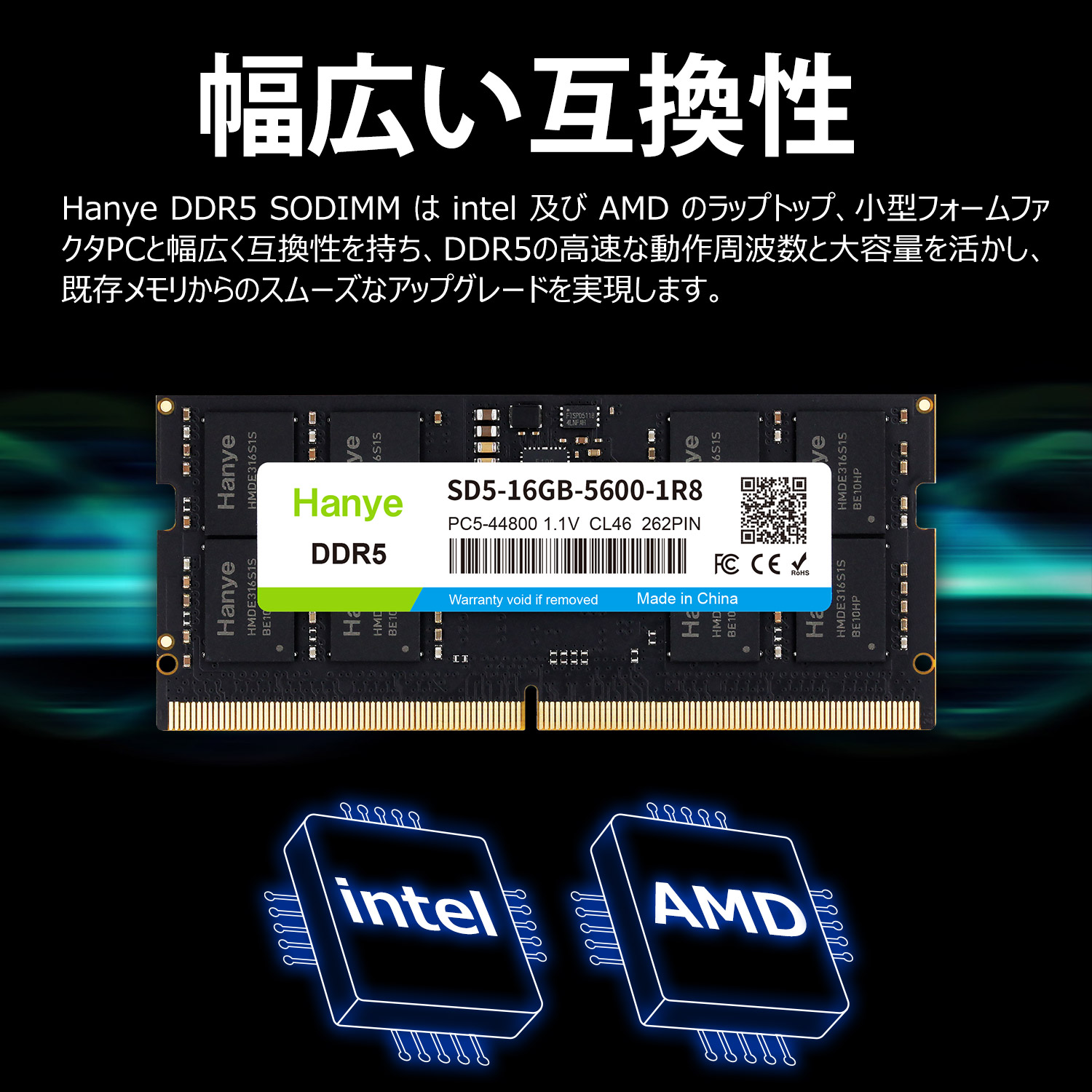 Hanye ノートPC用メモリ PC5-44800(DDR5-5600) 16GB SODIMM Hanye 1.1V