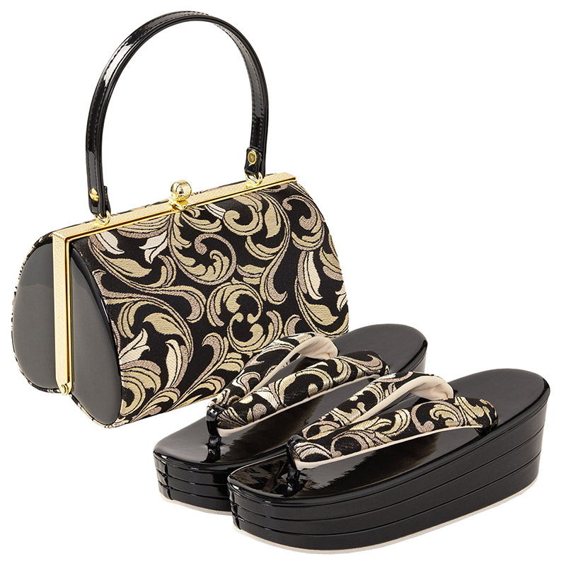 草履バッグセット 厚底草履 あしなが効果 エナメル 金襴 S M L LL