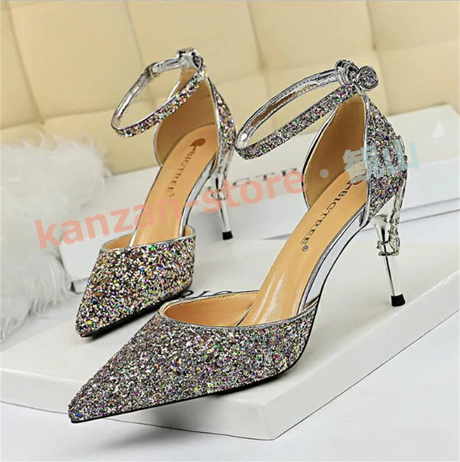 アンクルストラップパンプス キラキラ パンプス ハイヒール ポイン