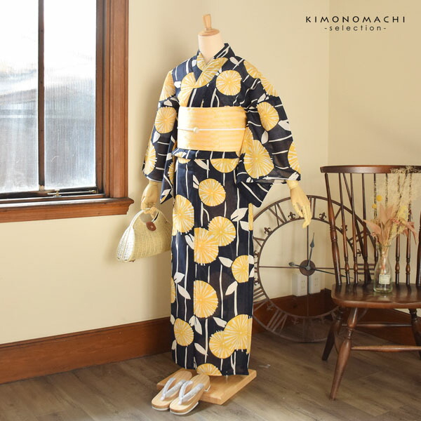 浴衣セット 浴衣と半幅帯の2点セット 「浴衣 紺地 黄の花＋半幅帯 水面