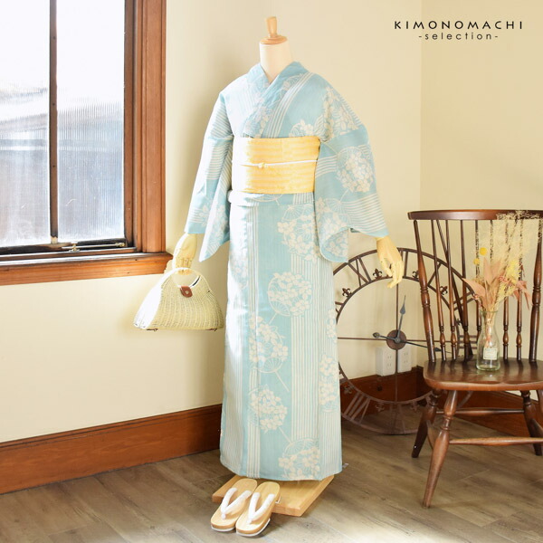 浴衣セット 浴衣と半幅帯の2点セット 「浴衣 水色 団扇＋半幅帯 水面