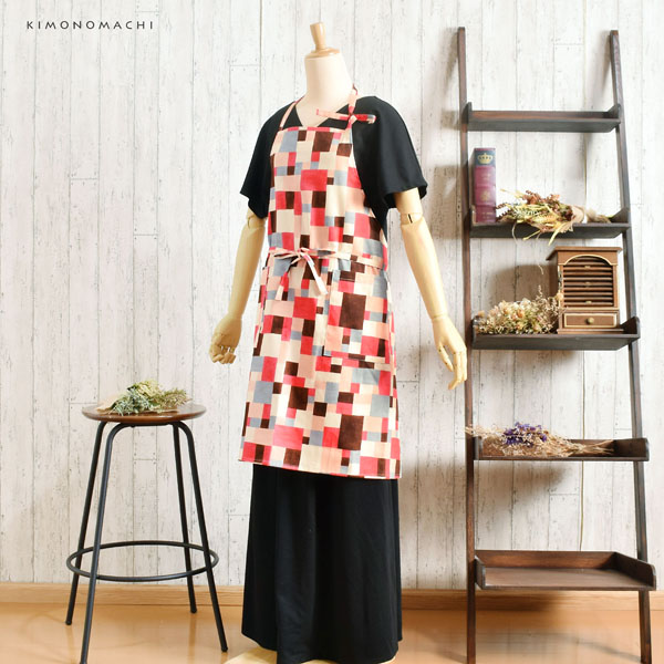 KIMONOMACHI エプロン「ピンク モザイクブロック」 日本製 オシャレ