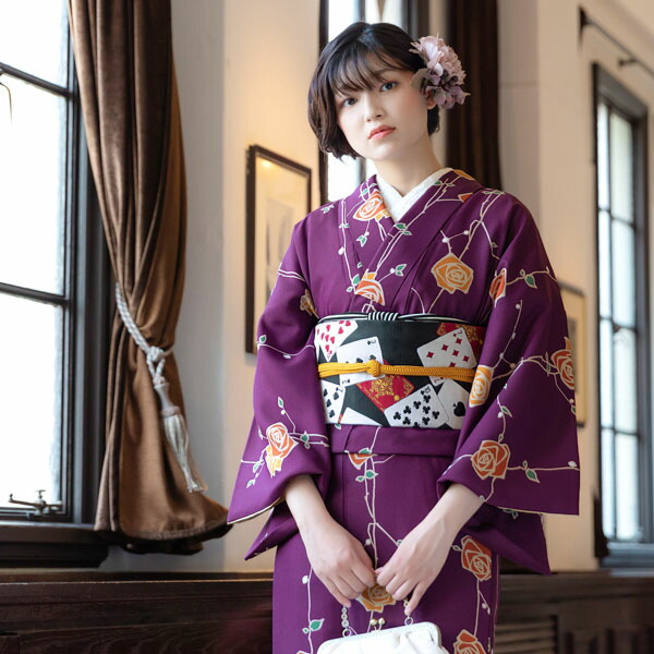 KIMONOMACHI 洗える着物 セット「袷着物：ばら紫色＋京袋帯：黒