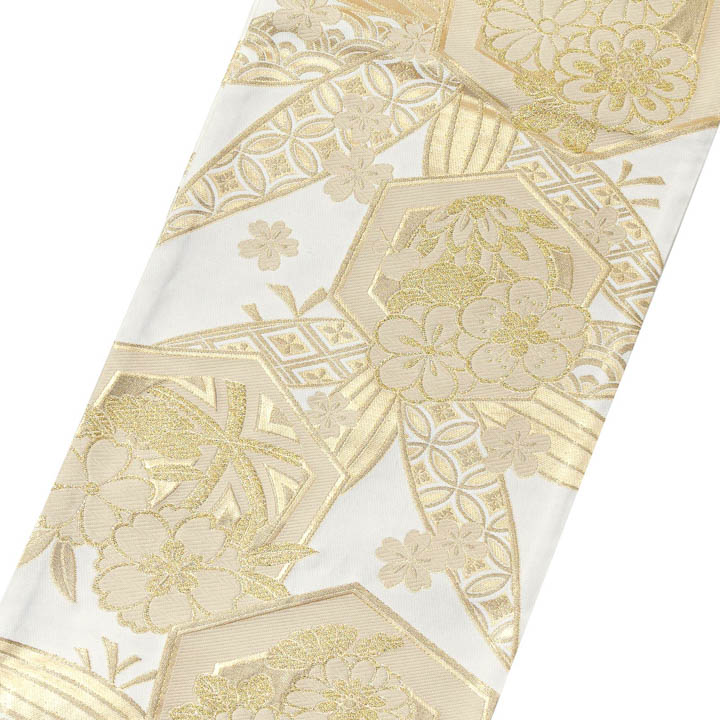 振袖 袋帯 単品「白×金 笹に亀甲、花」六通柄 日本製 お仕立て上がり