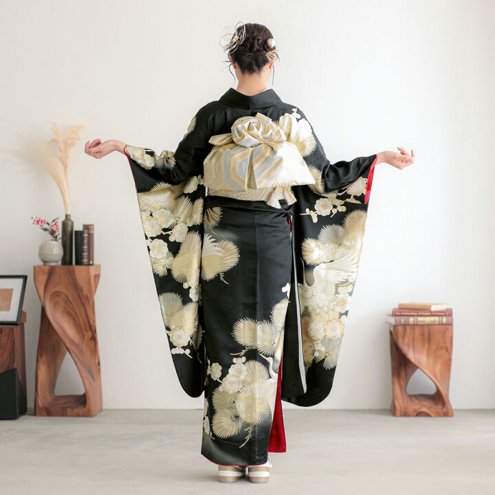 未仕立て 振袖 22点セット「黒金 鶴に松梅」仮絵羽 振り袖 正絹 着物