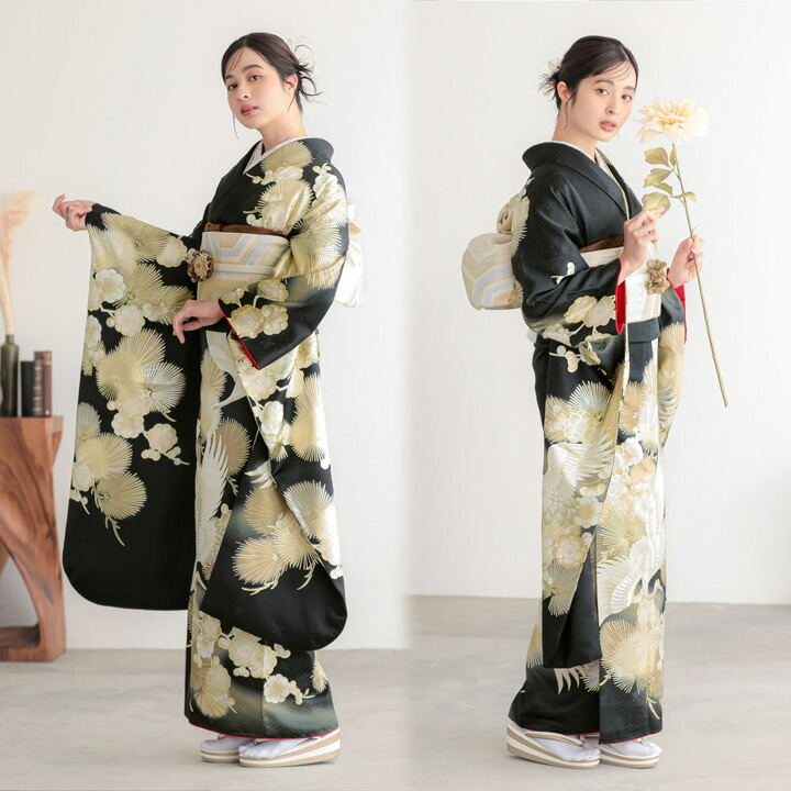 未仕立て 振袖 22点セット「黒金 鶴に松梅」仮絵羽 振り袖 正絹 着物