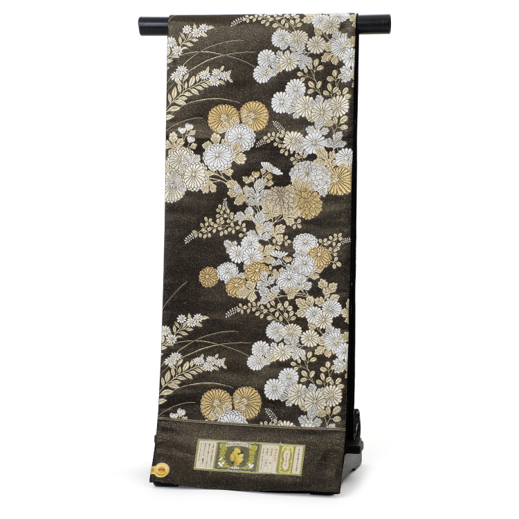 袋帯 正絹 西陣織 岡文織物謹製 ブラック 黒 ゴールド 金 六通 色留袖