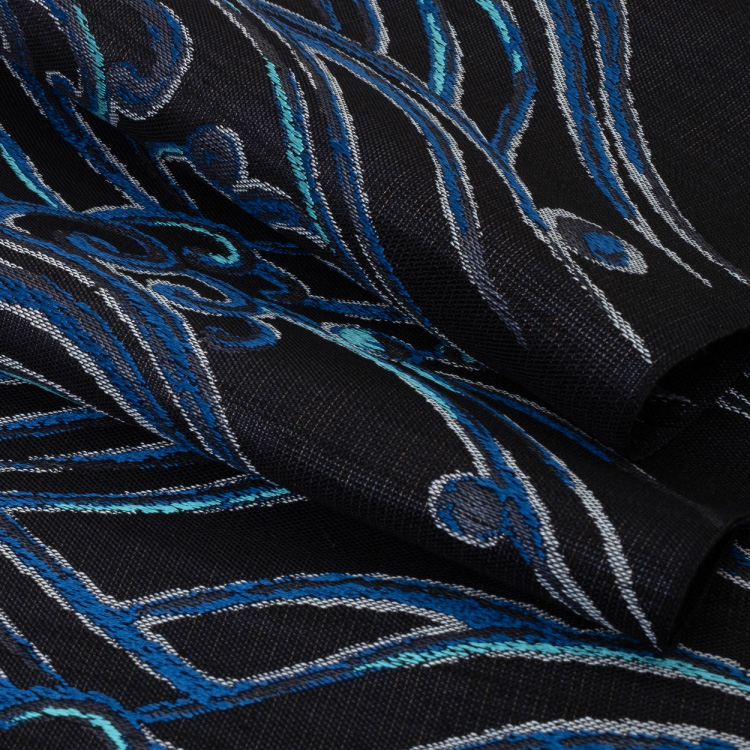 名古屋帯 正絹 なごや帯 六通 鹿子井山田謹製 九寸 波 黒 ブラック 青