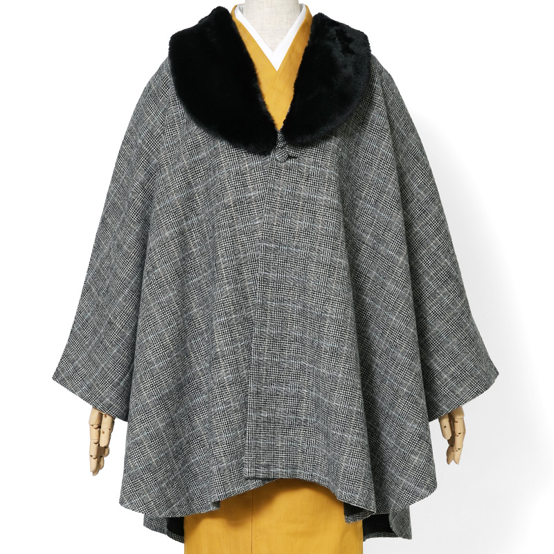 ケープ コート JAPAN MODE グレンチェック グレー ファー ポンチョ 冬