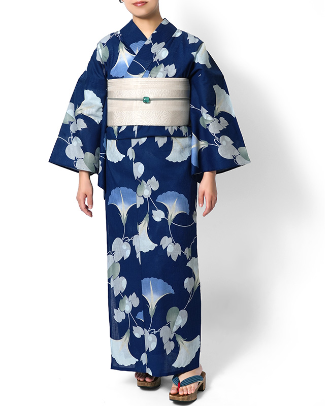 浴衣 芸艸堂 綿絽 朝顔 紺 青 アサガオ 花 UNSODO ブランド 古典柄