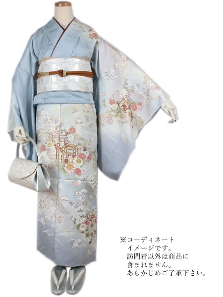 訪問着 正絹 未仕立て 水色 梅 桜 貝桶 単品 ガード加工 足袋