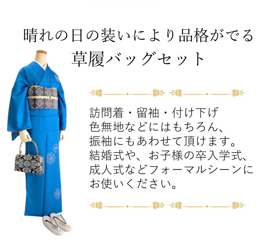 草履バッグセット 留袖 訪問着 紗織 黒 シルバー 青 唐草 礼装