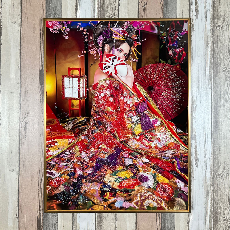 水晶パネル アートパネル 60×80cm ポップアート 花魁 金フレーム付き