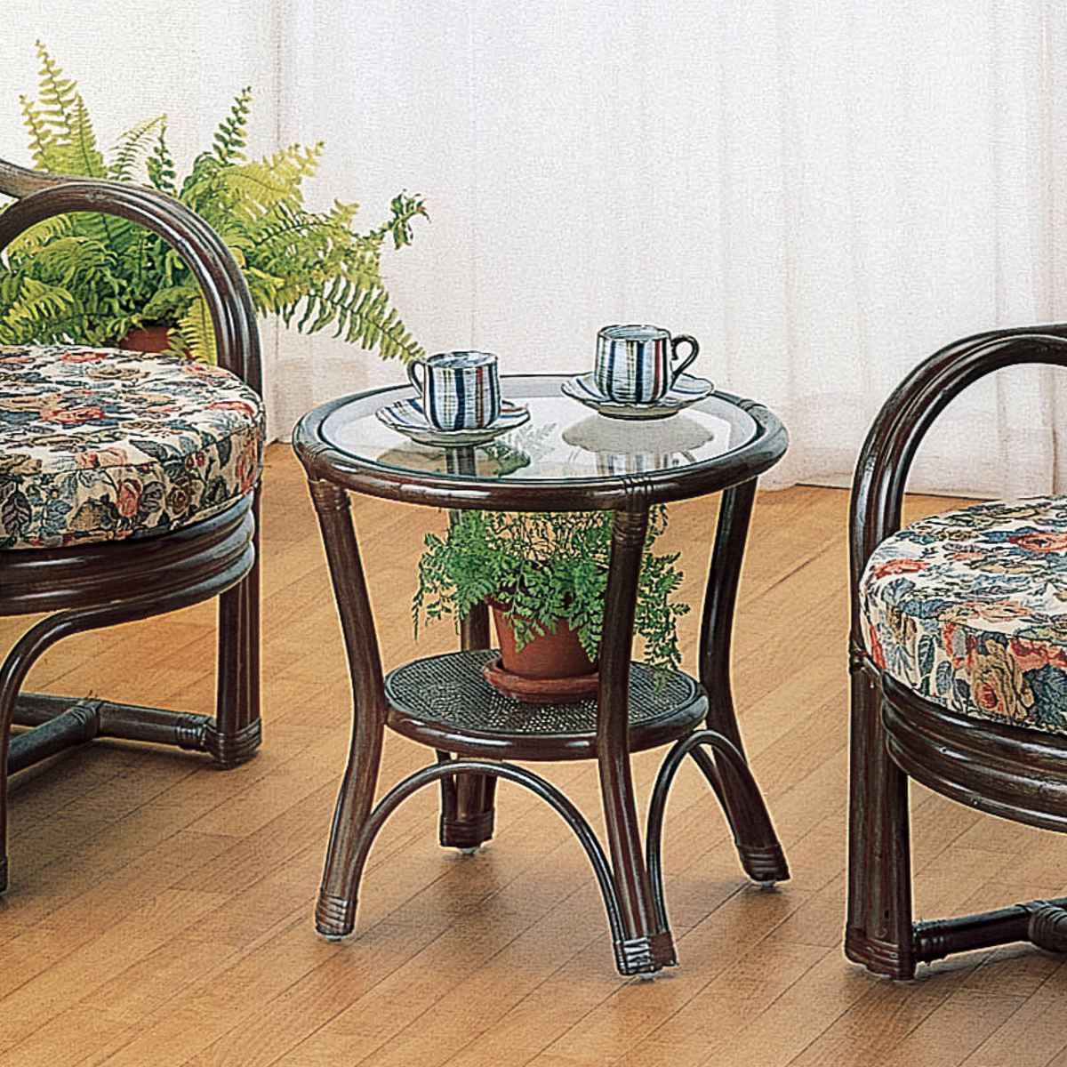 今枝商店 籐 円型テーブル ガラス天板 棚付 直径45cm （ カフェ