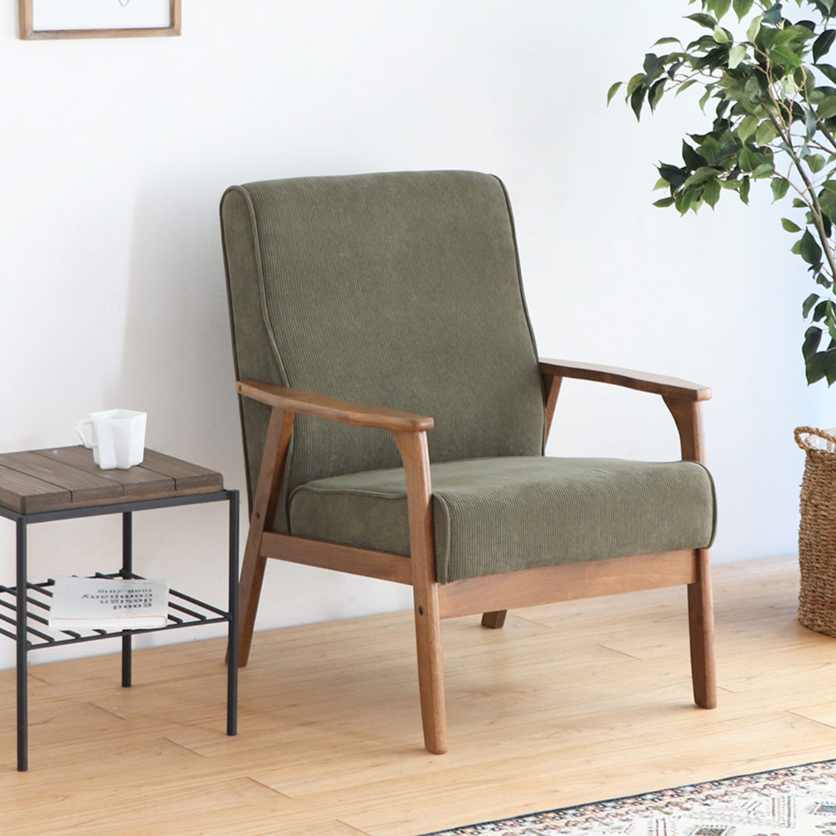 ソファ 一人掛け 天然木肘付き コーデュロイ カントリー調 幅66cm （ 1