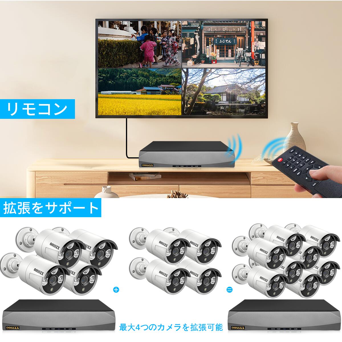 防犯カメラ 屋外 家庭用 防犯カメラセット 4台 電源不要 500万画素 PoE