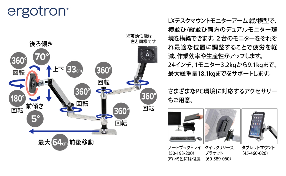 エルゴトロン（ergotron） LX デスクマウント デュアル モニターアーム