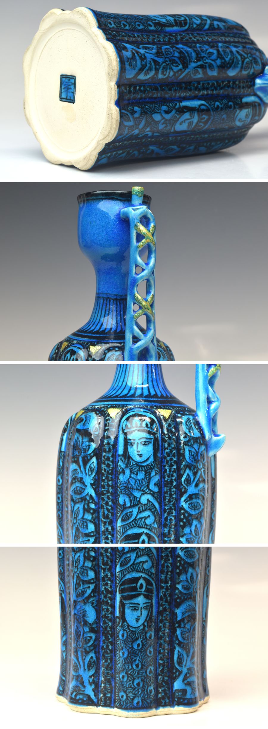 趣楽】 希少 人間国宝 【加藤卓男】作 『青釉胡姫文手付花入』 高さ