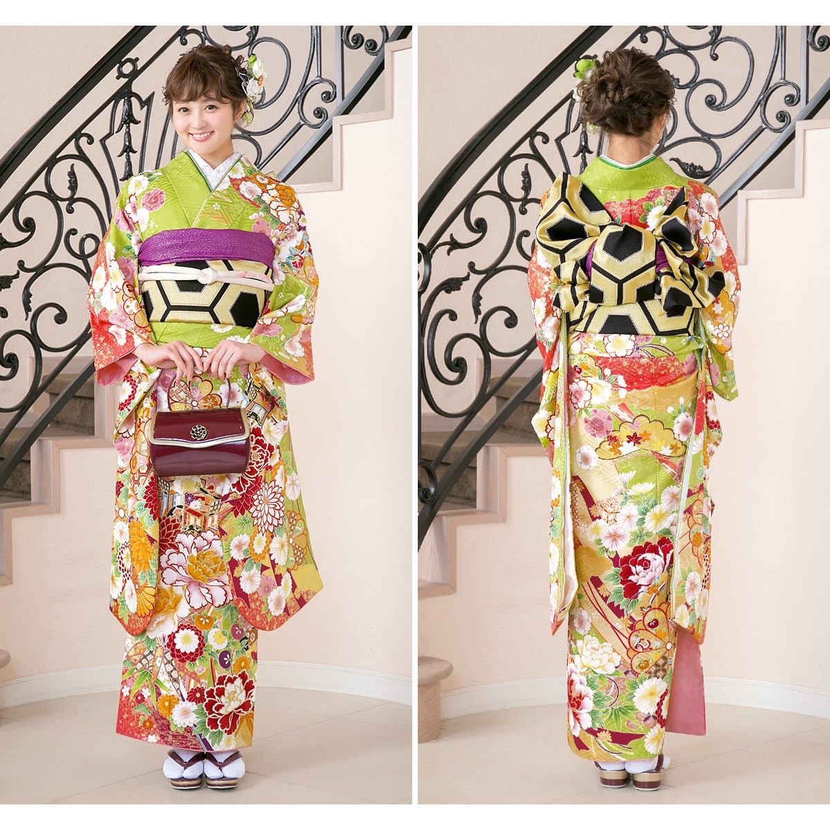 振袖セット 黄緑系 几帳 桜 牡丹 菊 松 雲取り 花 絵羽柄 絹 西陣織