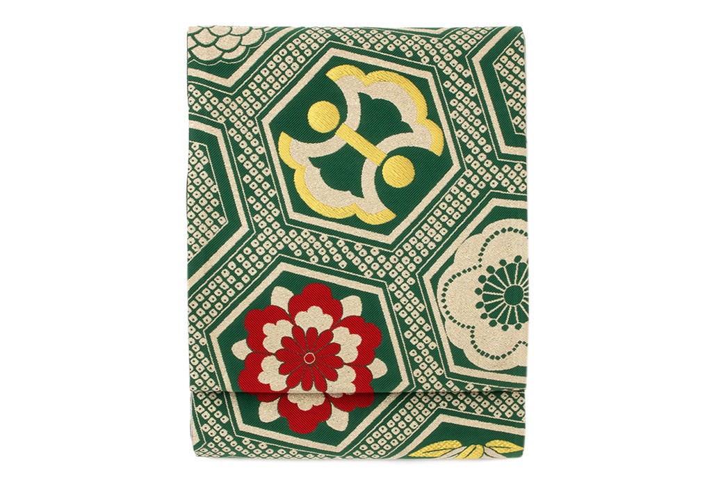 袋帯 振袖用 きもの道楽 緑 グリーン 金色 梅 桜 菊 竹 小槌 亀甲 正絹