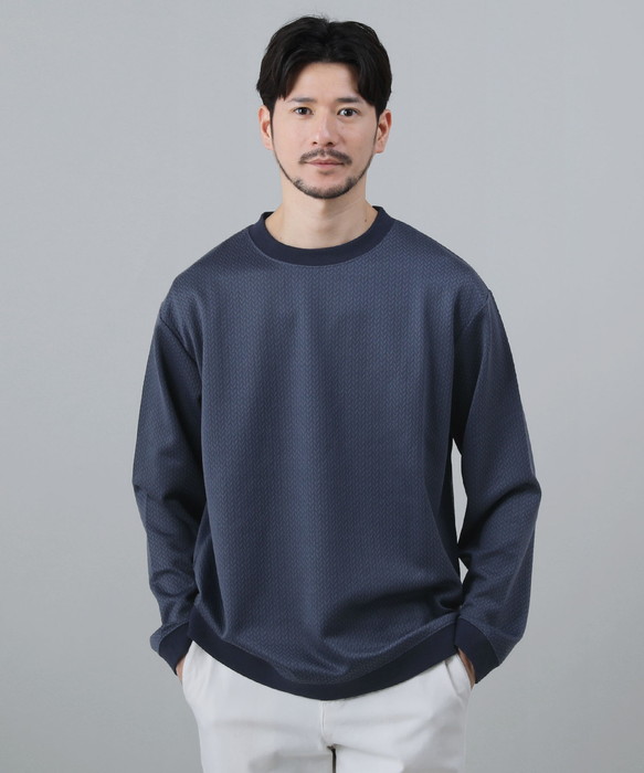 スウェット メンズ 長袖 クルーネック 編み模様 オフホワイト キャメル