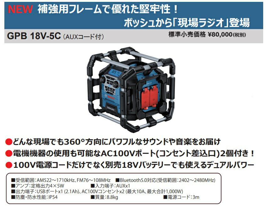 BOSCH（ボッシュ） 現場ラジオ GPB18V-5C AUXコード付 補強用フレーム
