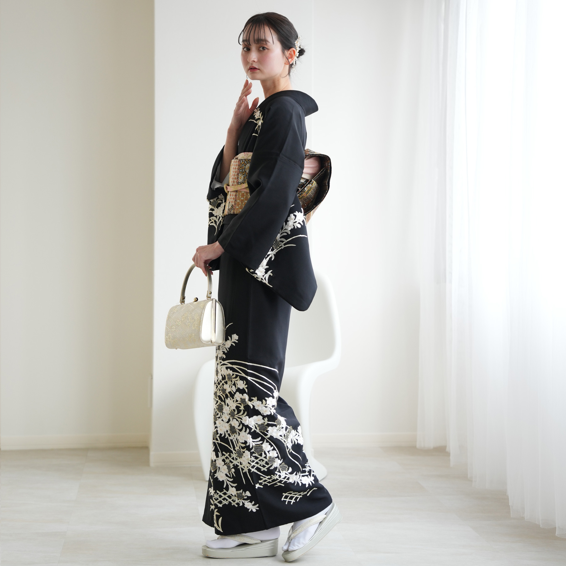 訪問着 レンタル おしゃれ 20点 フルセット 正絹 着物 桜 黒系 七五三