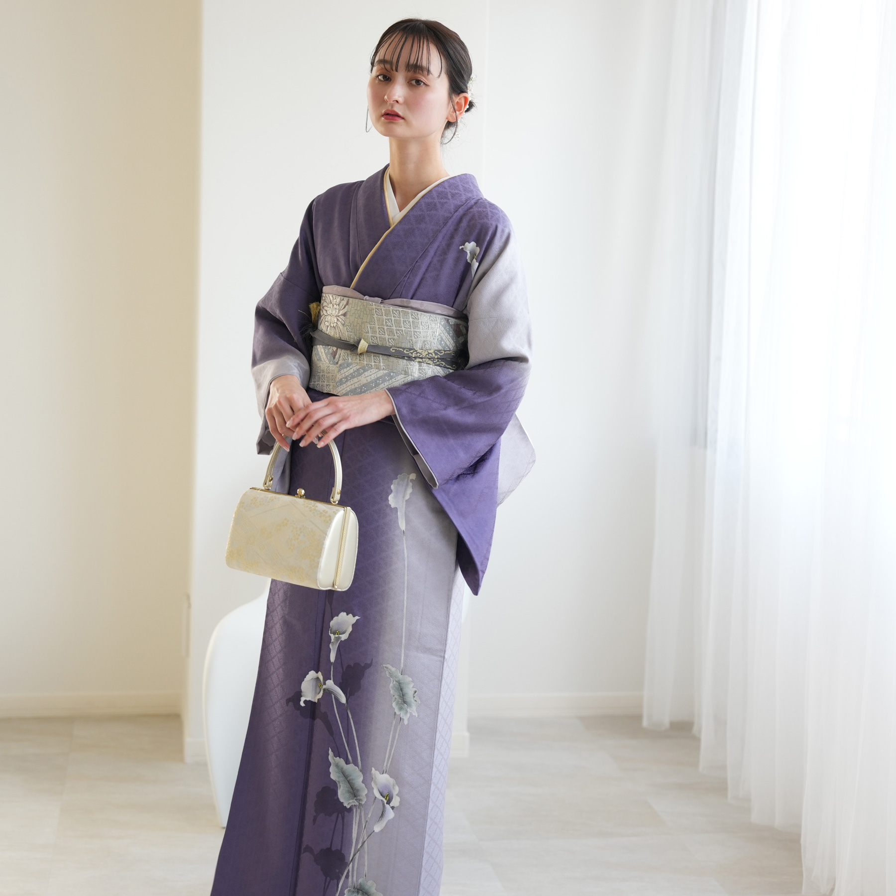 訪問着 レンタル おしゃれ 20点 フルセット 正絹 着物 花 紫系 七五三