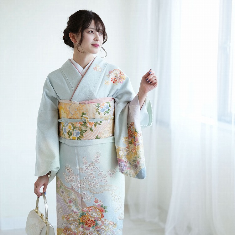 訪問着 レンタル おしゃれ 20点 フルセット 正絹 着物 花柄 水色系