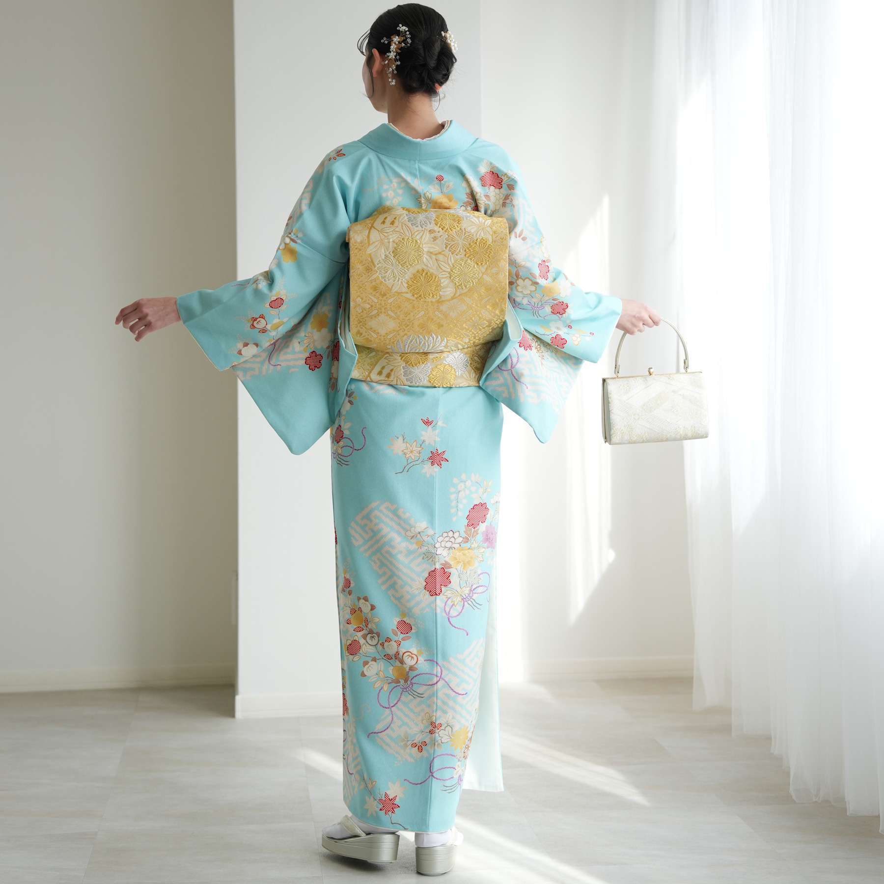 訪問着 レンタル おしゃれ 20点セット JAPAN STYLE 着物 花 水色系