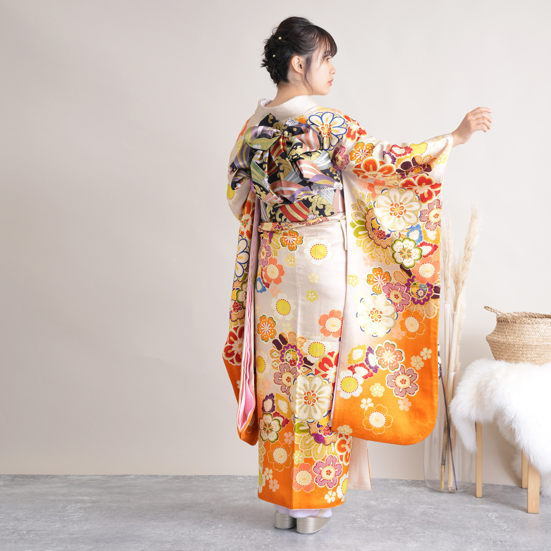 振袖 レンタル 成人式 21点セット レトロ 成人式セット 花 オレンジ系