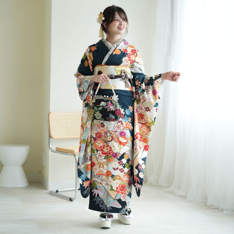 レンタル 振袖 成人式 結婚式 21点セット 古典柄 レトロ 花 濃紺系