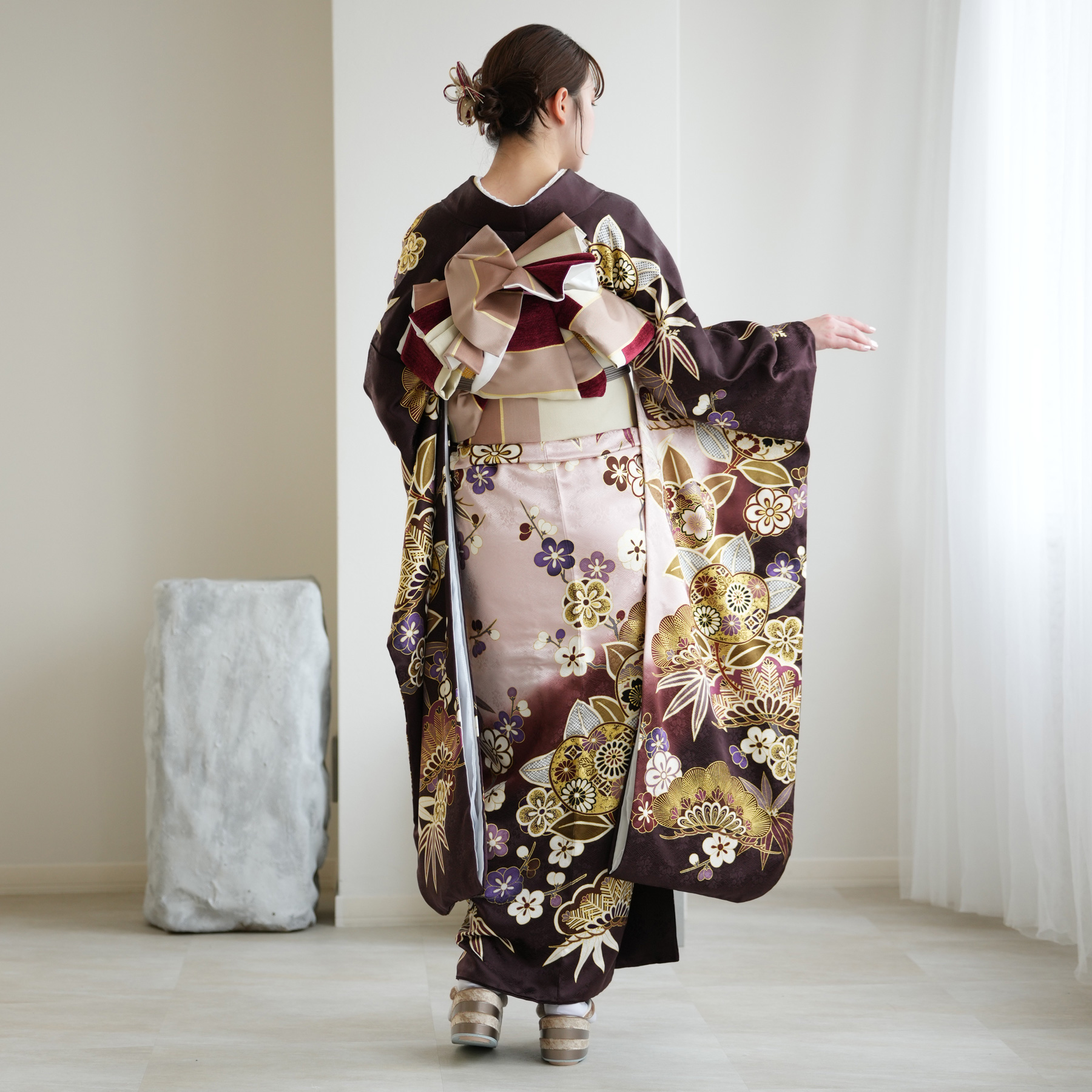 レンタル 振袖 正絹着物+袋帯 21点セット 絵羽 特選・渋紫に華やか吉祥