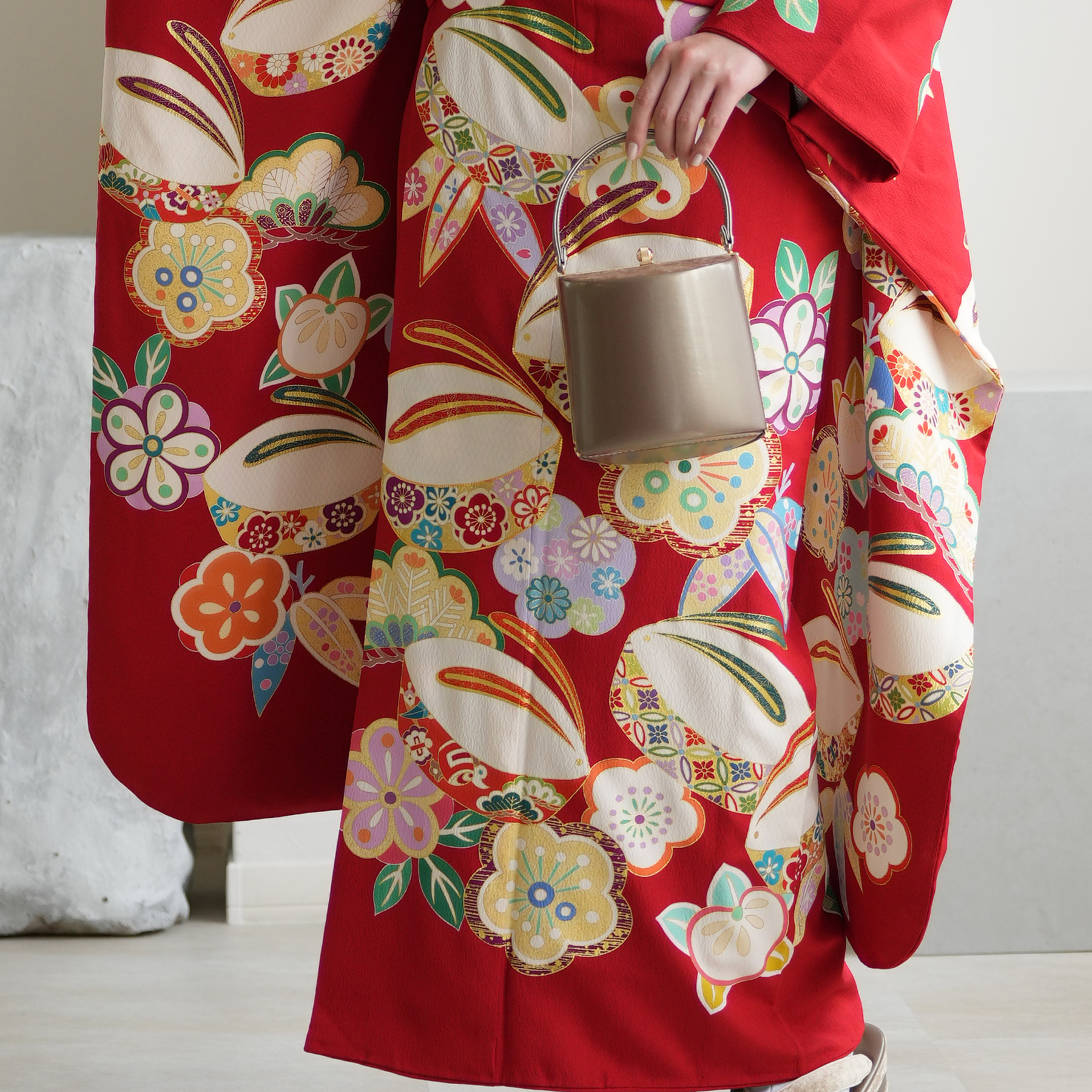 レンタル 振袖 正絹着物+袋帯 21点セット 絵羽 吉沢の友禅 特選・深緋