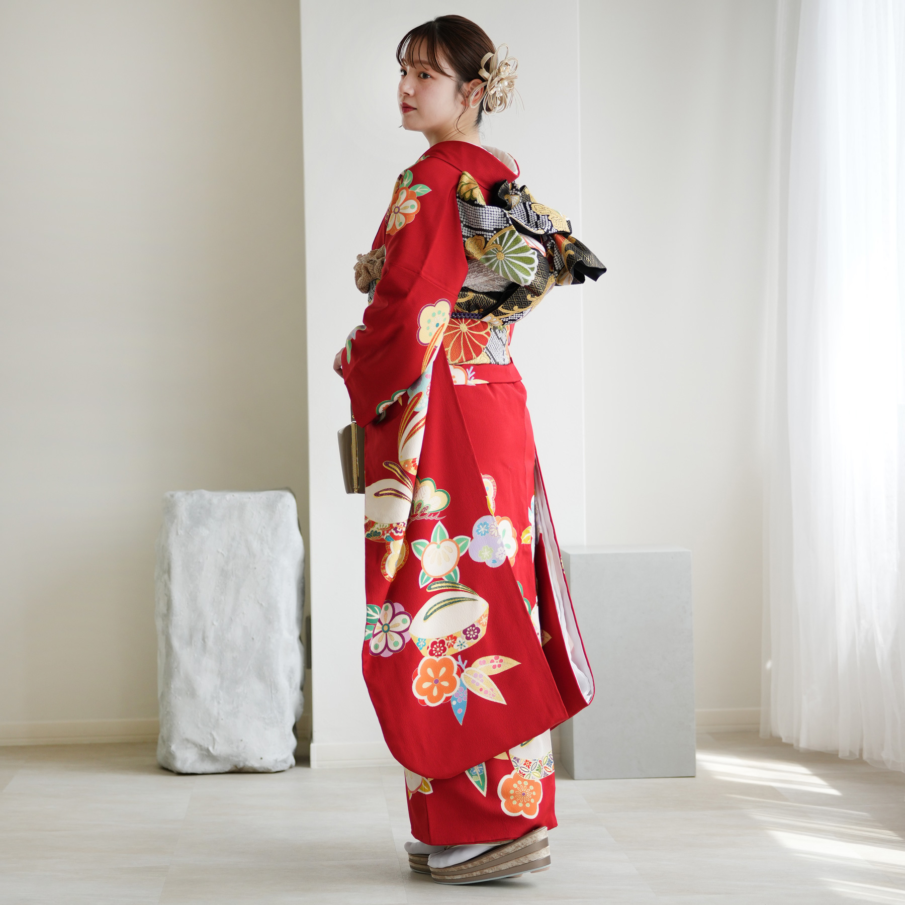 レンタル 振袖 正絹着物+袋帯 21点セット 絵羽 吉沢の友禅 特選・深緋